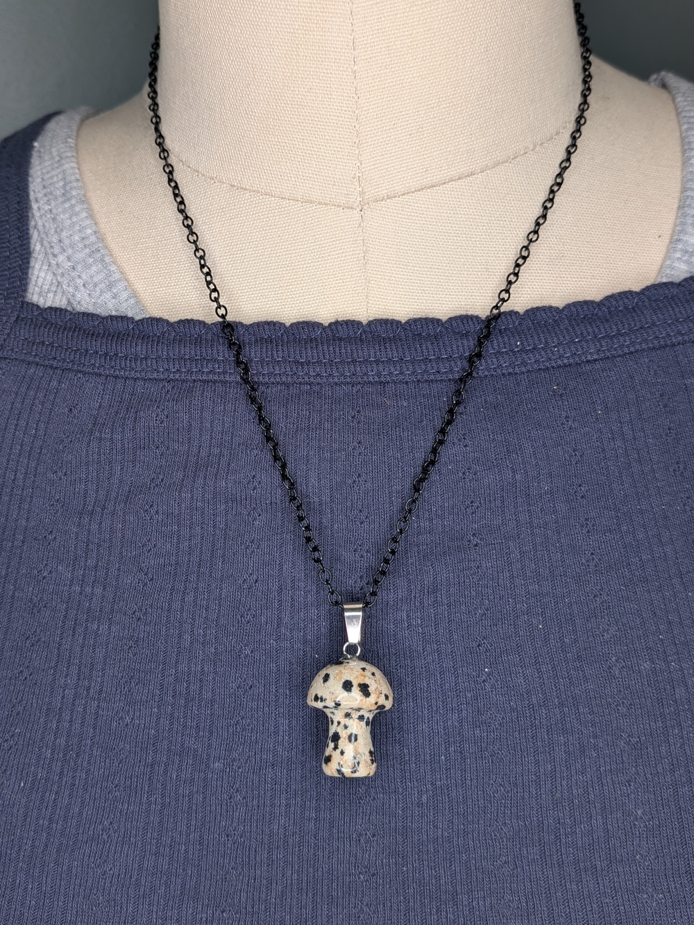 Carved Dalmatian Jasper Stone Mushroom Pendant Necklace Black Chain